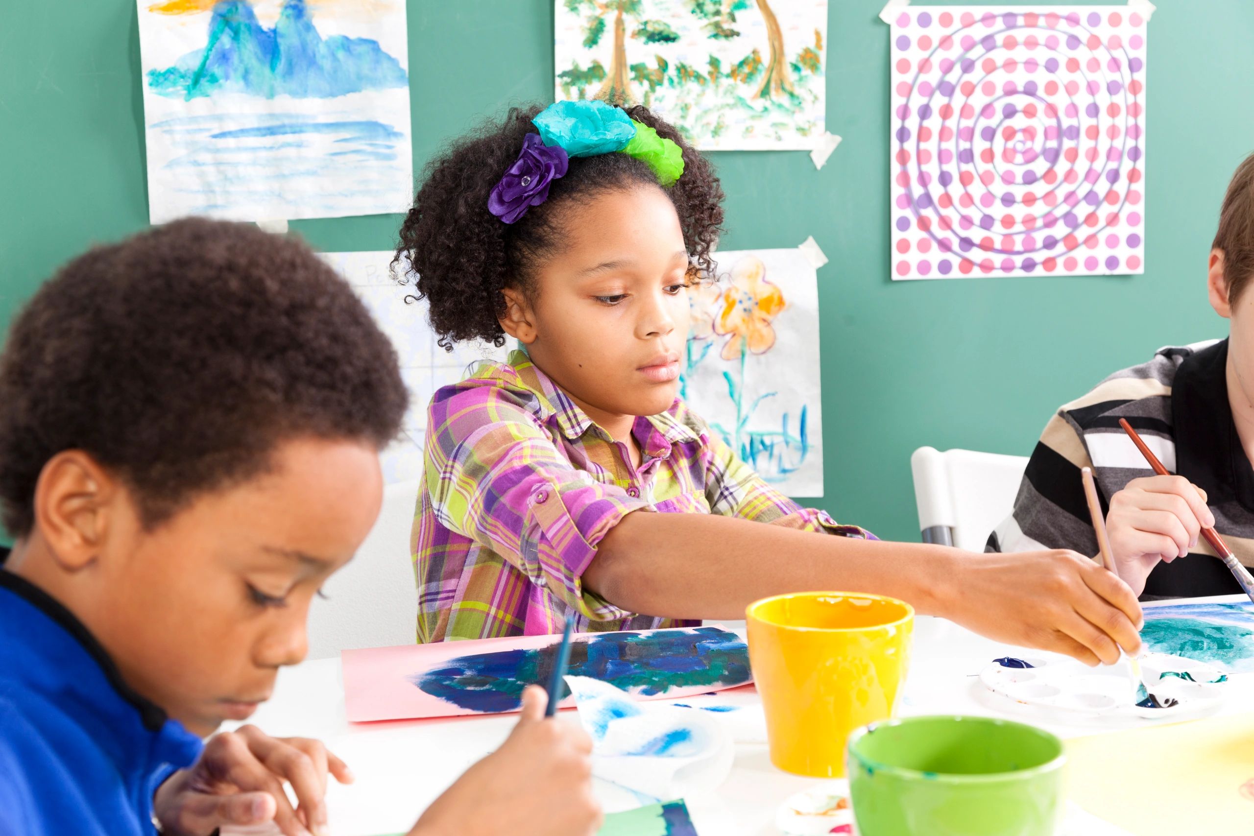 Students painting with watercolors in an art class